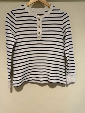 Lands End Waffle Weave Long Sleeve Henley Navy Blue and White Top, size xsp